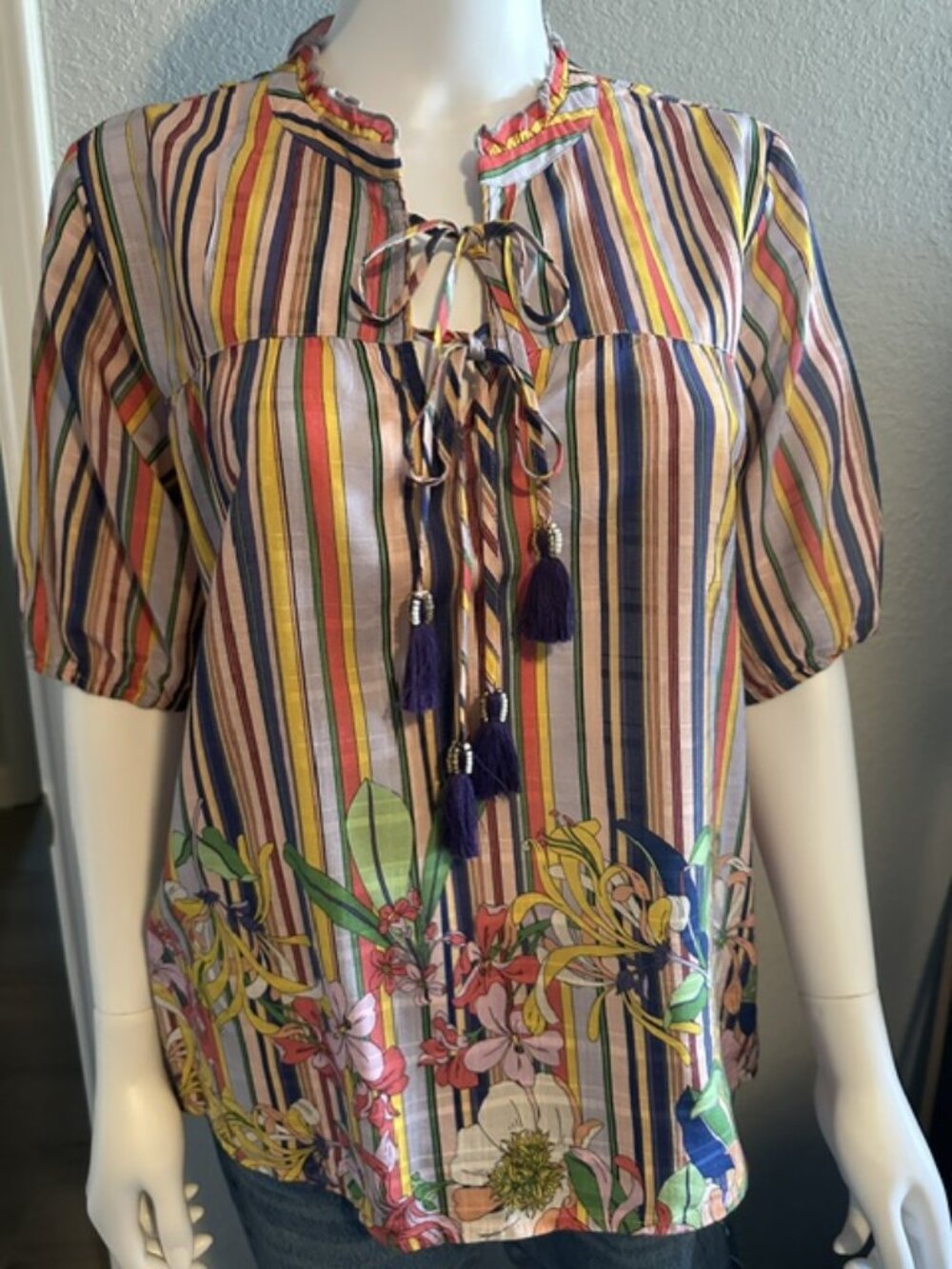 Johnny Was Aldrich Stripe Tassel Blouse